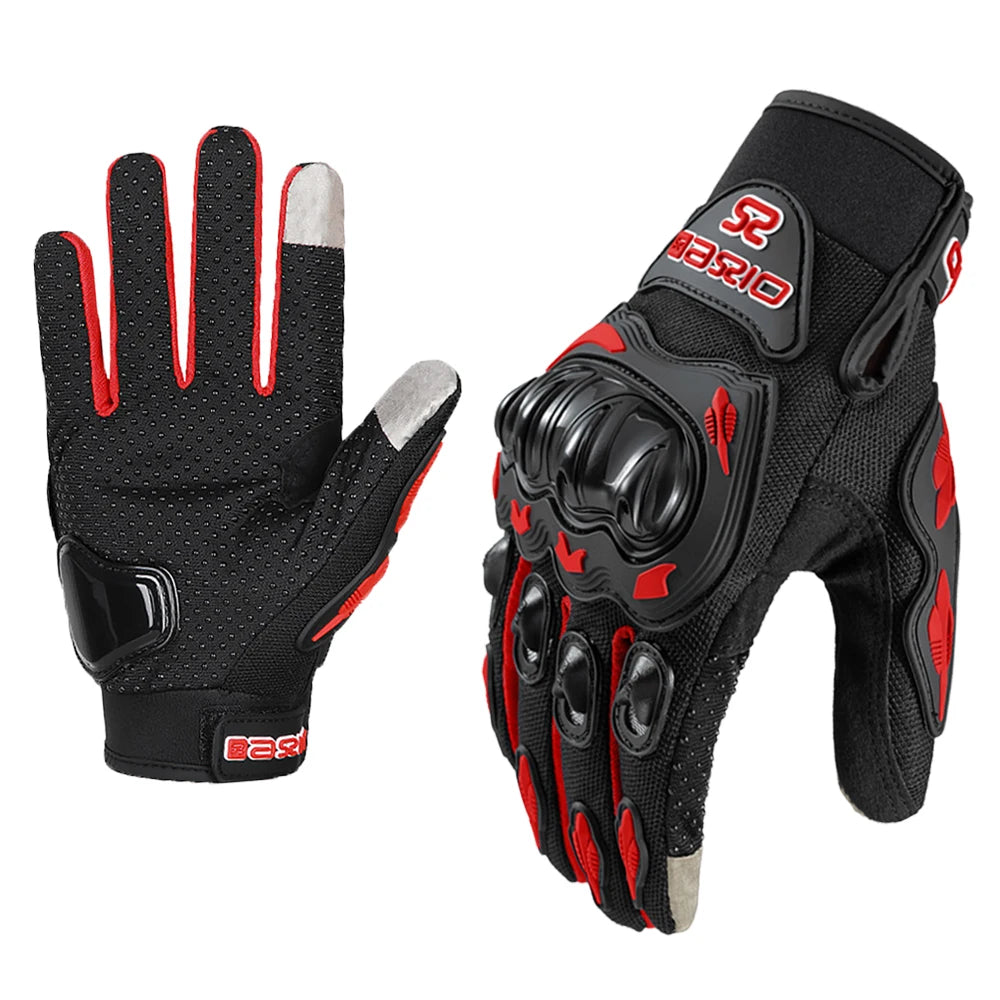 A pair of black motorcycle racing gloves with red accents and a silver palm shown in a close-up view.