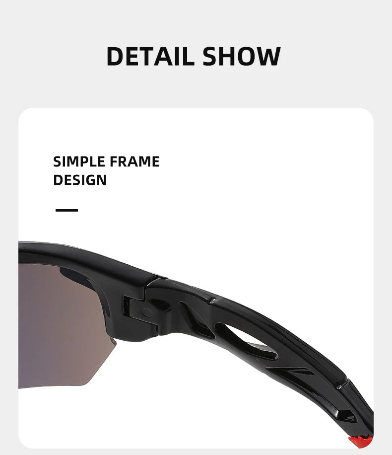 A close-up view of black anti-glare sports sunglasses with a simple frame design.