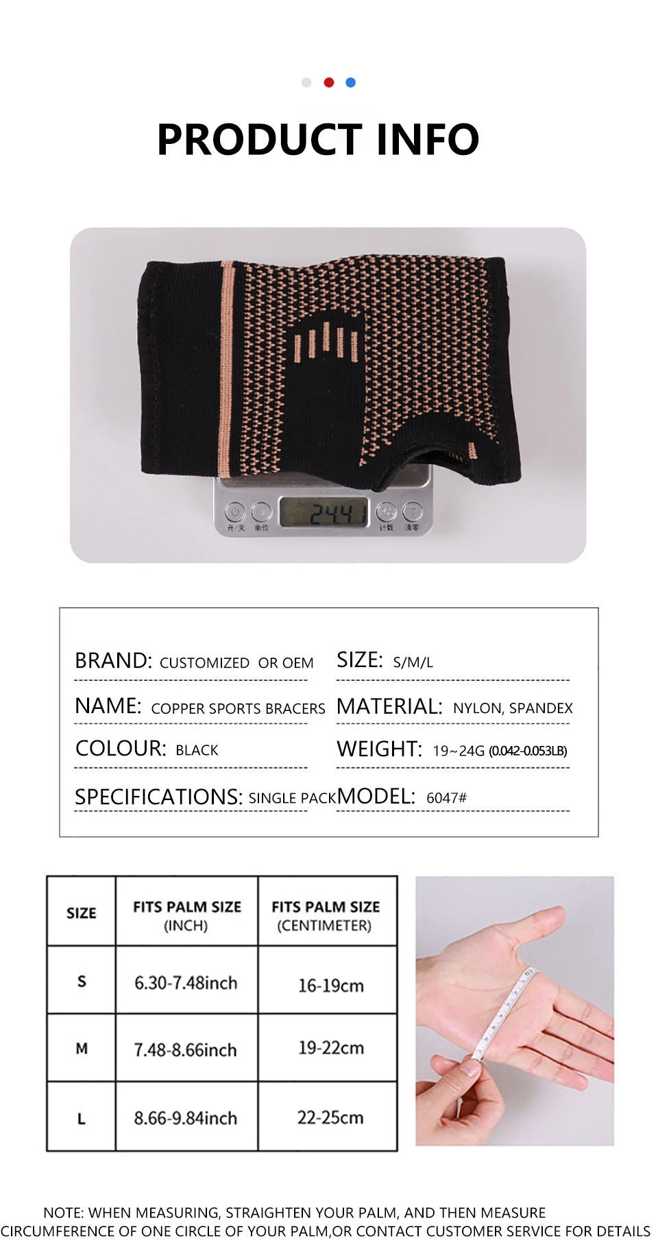 Black copper fiber wrist bracer shown on a white background with size measurements.