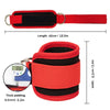 Red and black adjustable neoprene ankle straps with a metal clip and thick padding for leg training.
