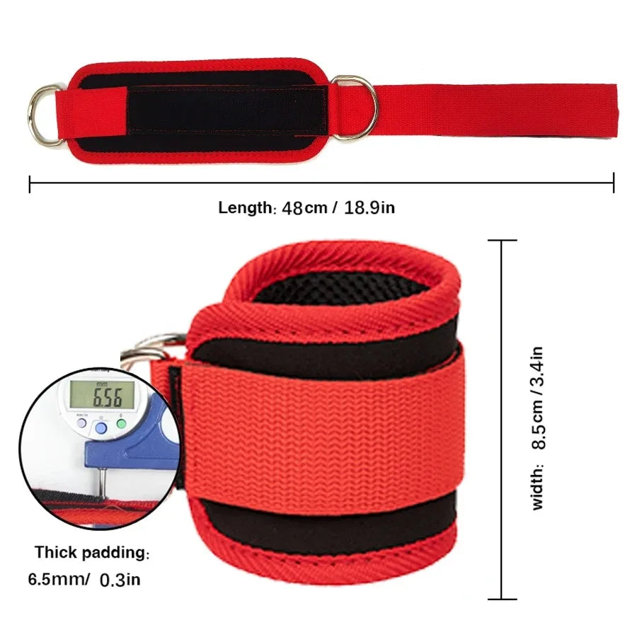 Red and black adjustable neoprene ankle straps with a metal clip and thick padding for leg training.