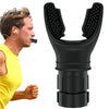 Black silicone breathing trainer device shown next to a man using it for respiratory health training