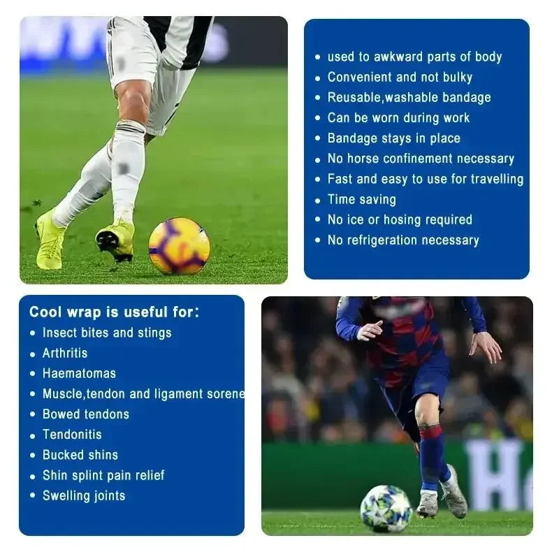 Self-adhesive instant cooling ice tape used for muscle recovery applied to a soccer player's leg.