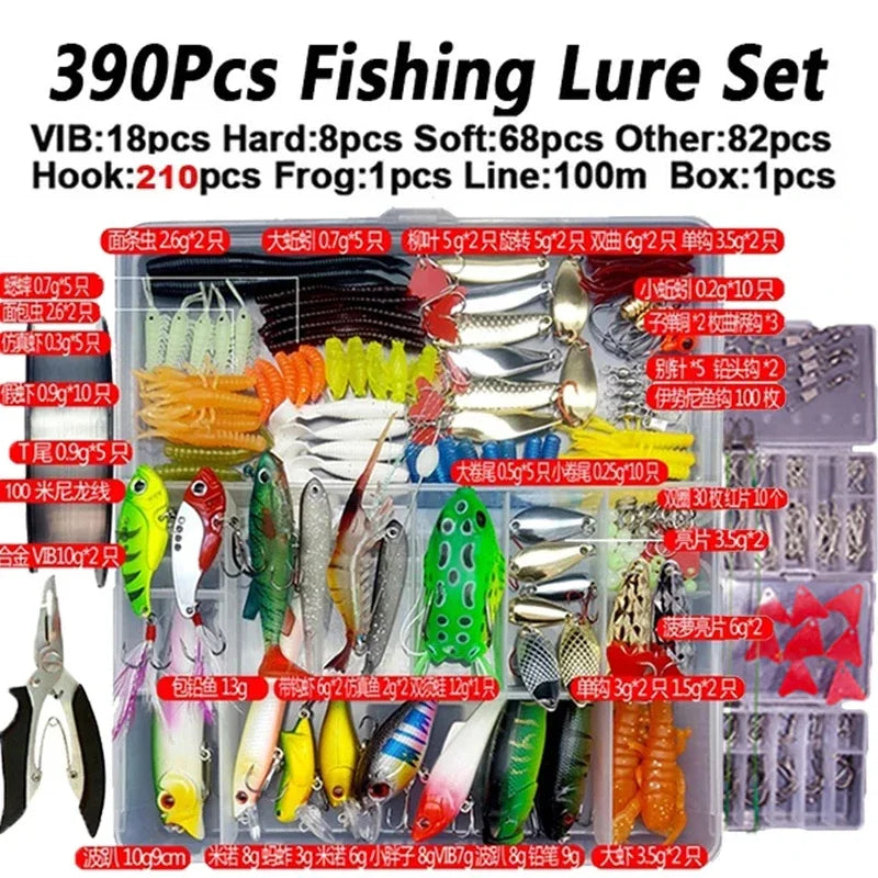 A box containing a multi-function fishing lure set with various hooks, lines, and lures.