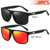 A pair of classic square sunglasses shown in black and red mirror finishes.