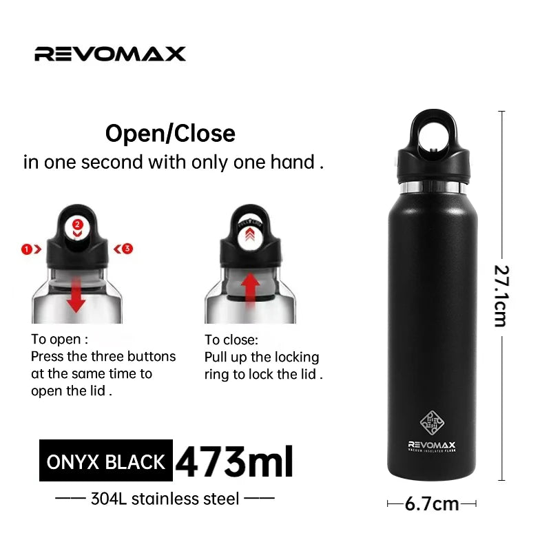 Black Revomax 473ml double-wall insulated stainless steel thermos showing open and close mechanisms