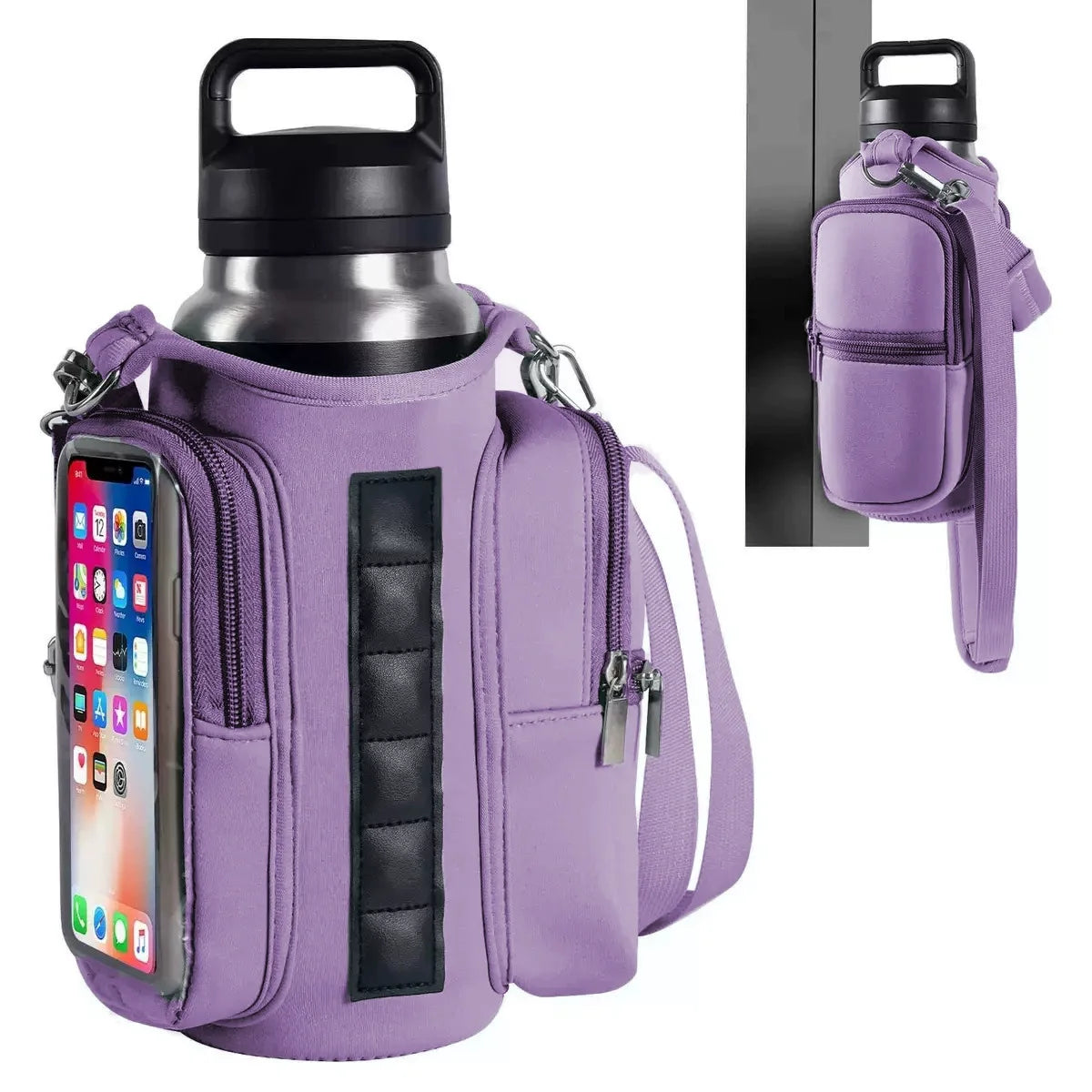 A purple magnetic accessory holder designed to secure a water bottle and small items, shown next to a black vertical panel.