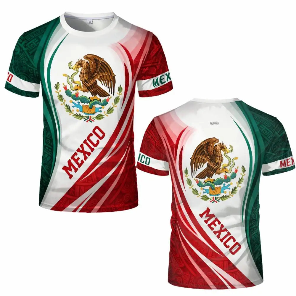 A red, white, and green graphic t-shirt featuring an eagle emblem and the word MEXICO on the front.