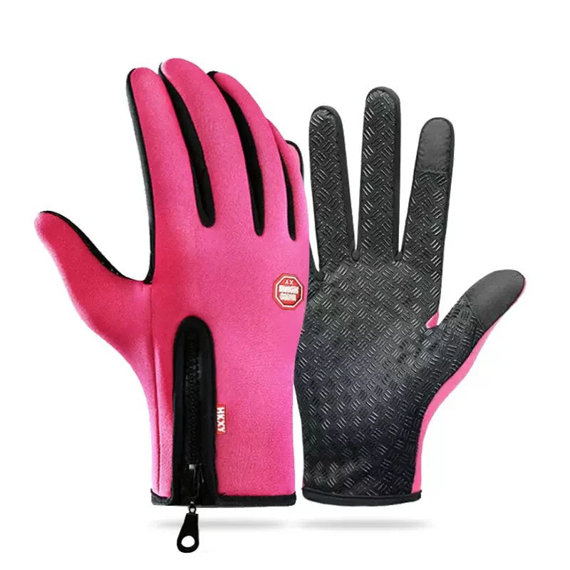 A pair of bright pink and black touchscreen gloves for cycling and hiking