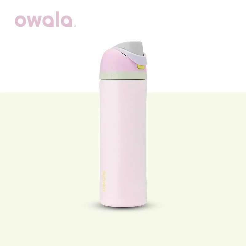 A pink insulated stainless steel tumbler with a silver straw lid.