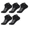 A pack of five black men's breathable mesh performance socks laid out for display.