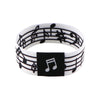 A white stretch wristband bracelet featuring black musical notes and a treble clef design.