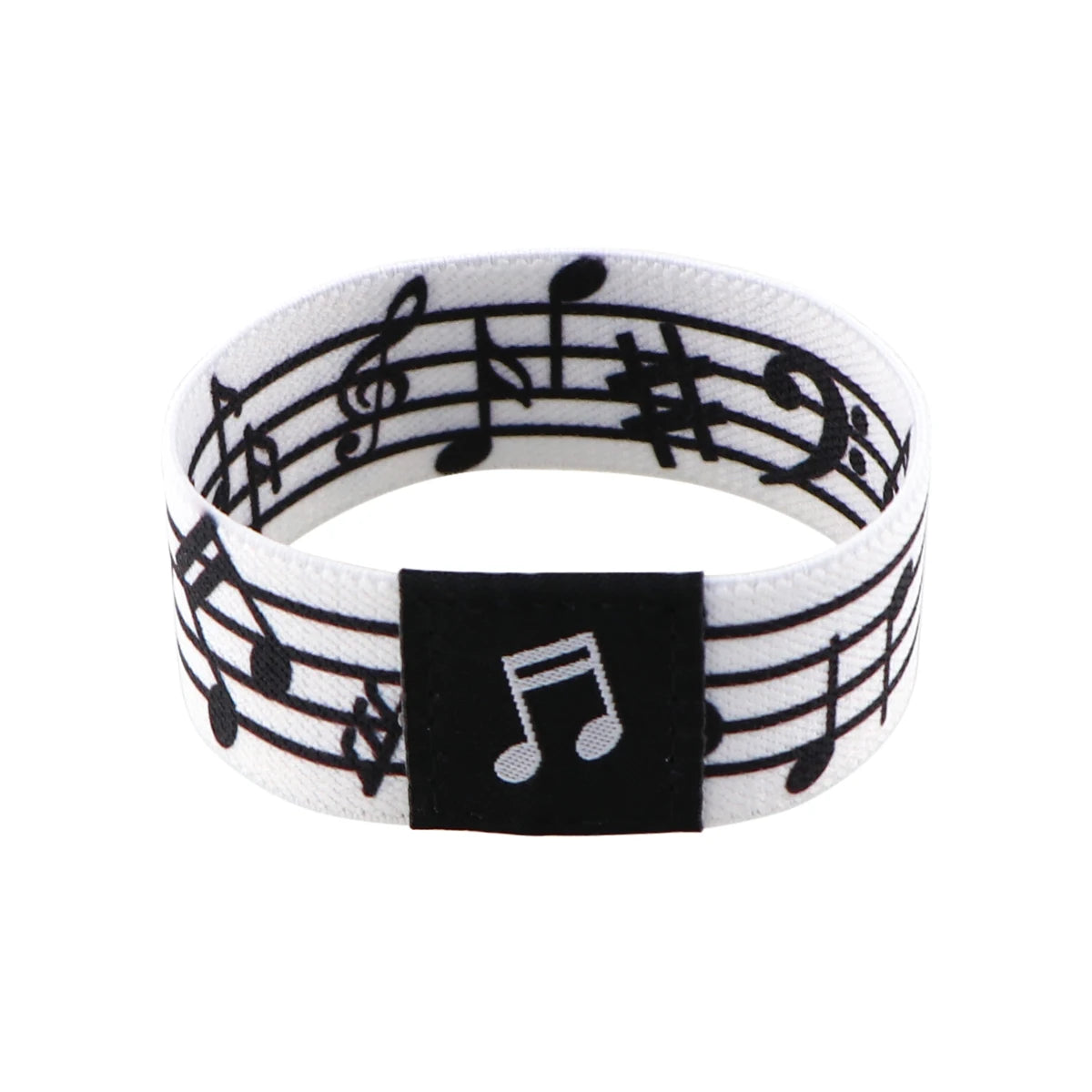 A white stretch wristband bracelet featuring black musical notes and a treble clef design.