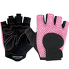 A pair of pink and black anti-slip fingerless gym gloves with wrist support.