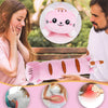 A pink soothing heating pad is being held by a person, with related images showing its use.