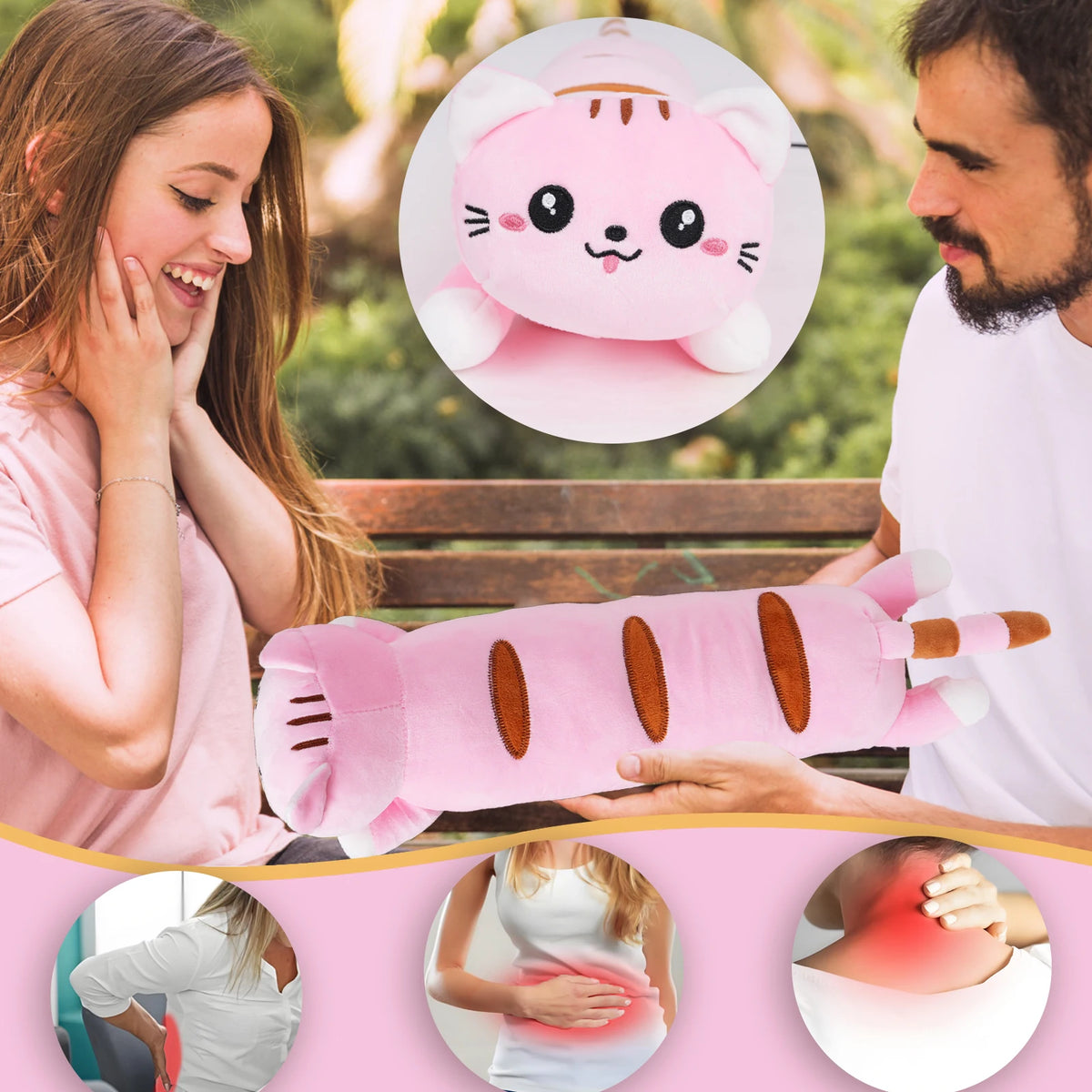 A pink soothing heating pad is being held by a person, with related images showing its use.