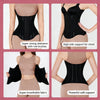 Images show a black invisible waist trainer corset worn by a woman, highlighting its features like row buckles and soft suppo