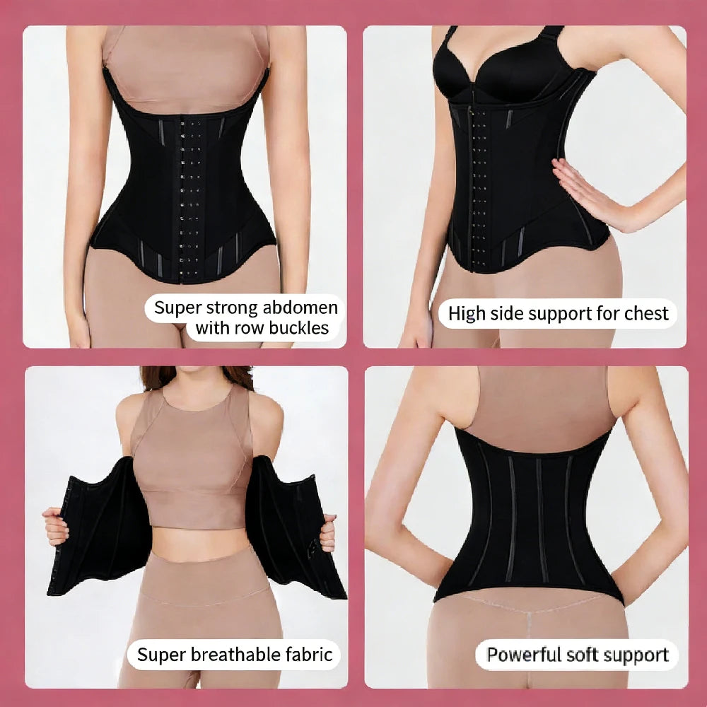 Images show a black invisible waist trainer corset worn by a woman, highlighting its features like row buckles and soft suppo