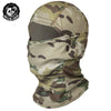 A camouflage patterned breathable mesh balaclava face mask worn on a head.
