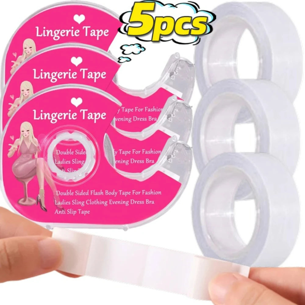 Pack of five rolls of invisible double-sided fashion tape for clothing