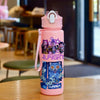 A pink cartoon character water bottle with a strap featuring various stylized characters and an owl design.
