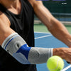 A man wearing a blue and white silicone elbow guard sleeve during sports training.