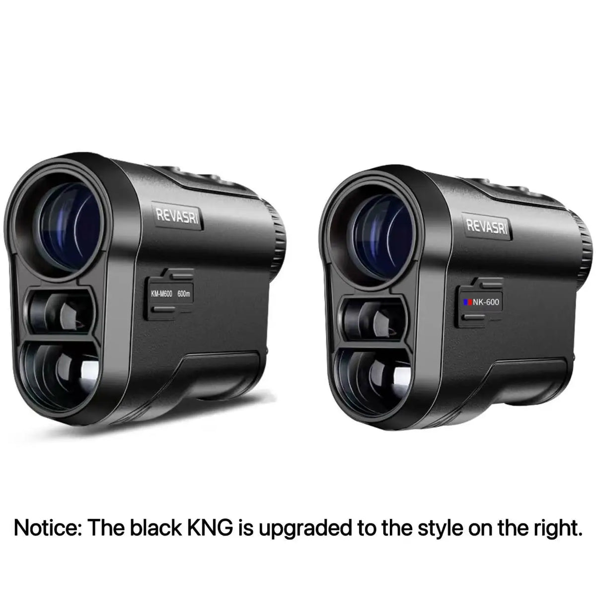 A pair of black REVASR laser rangefinders, one with KM-600 and the other with NX-600.