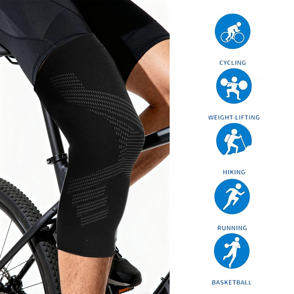 Manguitos de compresión negros para piernas usados por un ciclista, con iconos que indican usos como ciclismo, levantamiento 