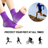 Purple compression socks shown on a foot and a man running, exercising, and walking.
