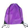 Purple nylon drawstring backpack with black cord and trim
