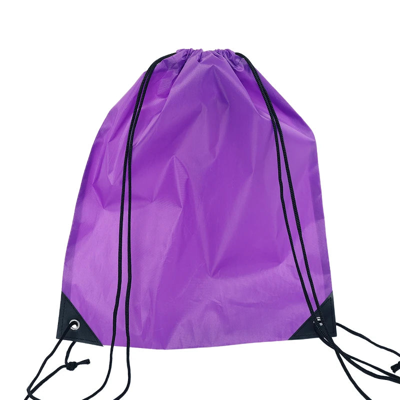 Purple nylon drawstring backpack with black cord and trim