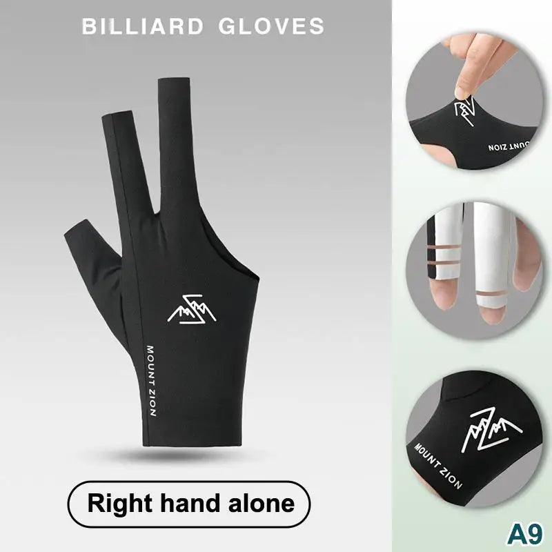 Black billiard gloves shown with a right hand, featuring a mountain logo design.