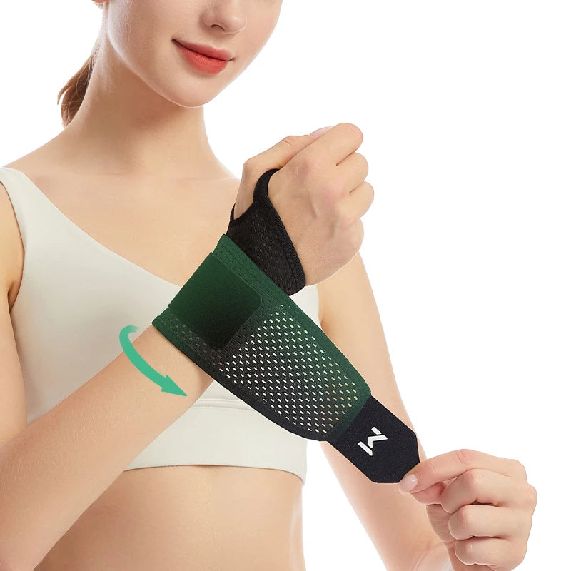 A woman is demonstrating an adjustable wrist support brace for fitness, showing its application on her arm.