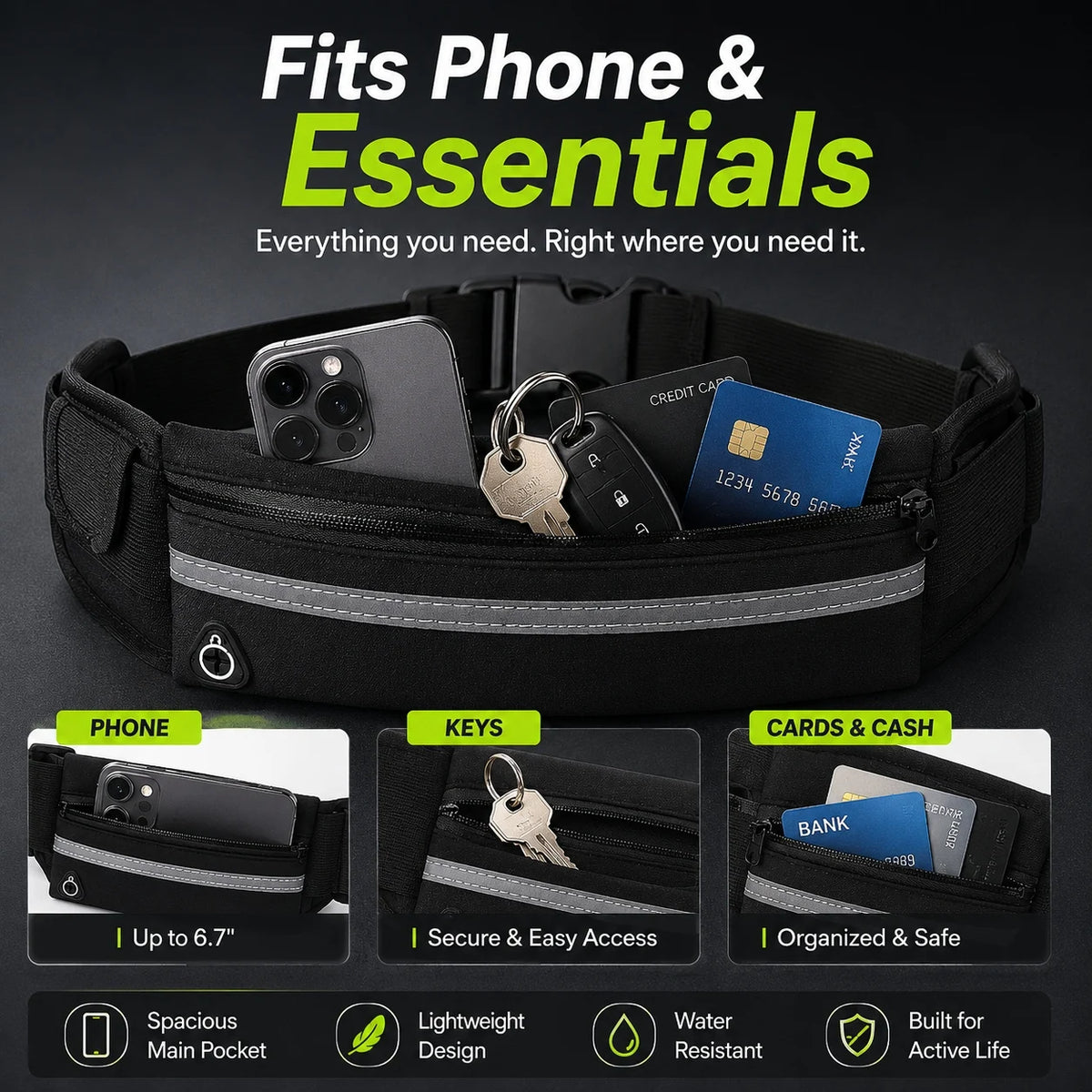 Black waterproof waist pack designed to hold a phone, keys, and cards for essentials.
