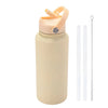 A beige stainless steel vacuum flask water bottle with a pink straw and a separate metal straw.