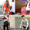 A collage showing various models wearing white arm guards and cycling gear in outdoor settings.