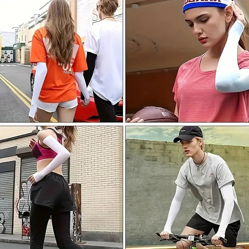 A collage showing various models wearing white arm guards and cycling gear in outdoor settings.