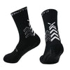 A pair of black unisex athletic sports socks with a geometric pattern on the leg.