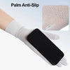 A close-up of a black smartphone is shown inside a beige palm anti-slip glove.