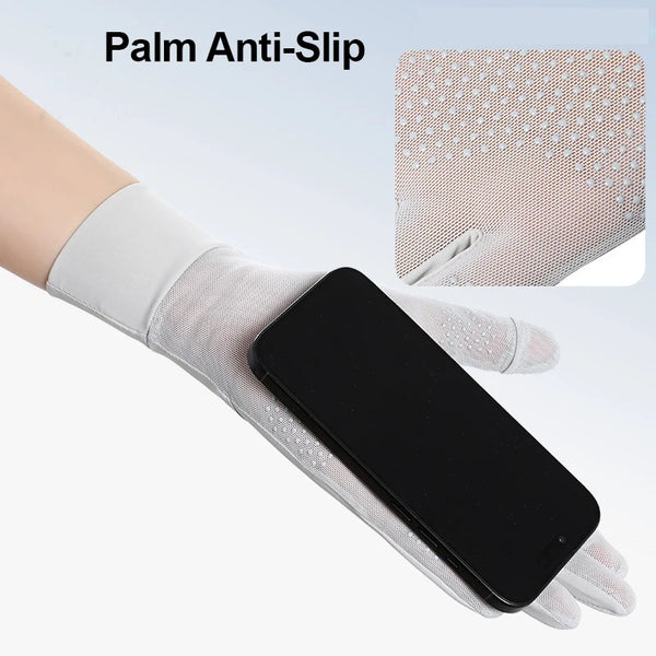 A close-up of a black smartphone is shown inside a beige palm anti-slip glove.
