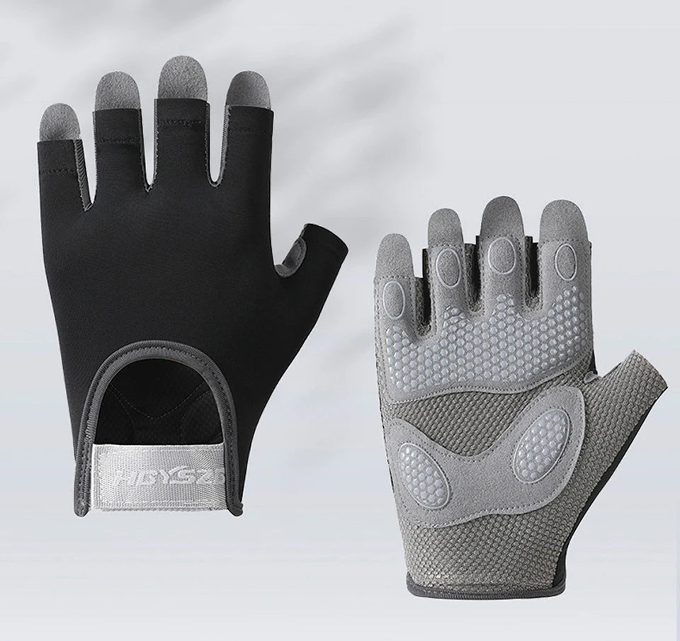 A pair of black and gray comfort cycling and workout gloves shown against a light background.