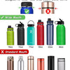 Various colored water bottles shown with or without a handle strap and standard mouth options