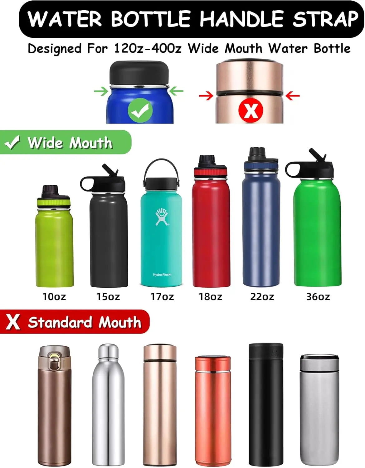 Various colored water bottles shown with or without a handle strap and standard mouth options