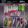 A kit of 38 fishing lures including hard baits, soft baits, and crankbaits packaged in a plastic box.