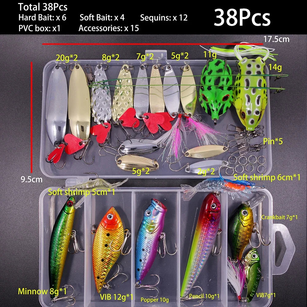 A kit of 38 fishing lures including hard baits, soft baits, and crankbaits packaged in a plastic box.