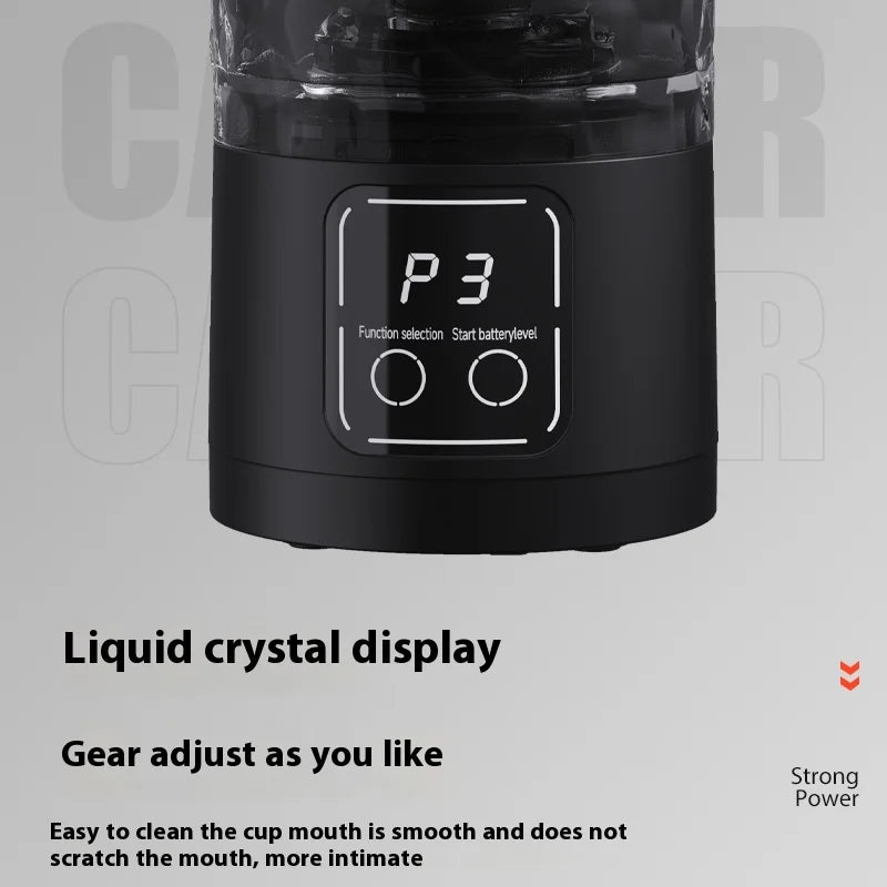 Black electric shaker bottle with a liquid crystal display showing P3 function selection.