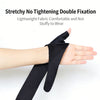 Black stretchy no tightening double fixation wrist support brace worn on a hand