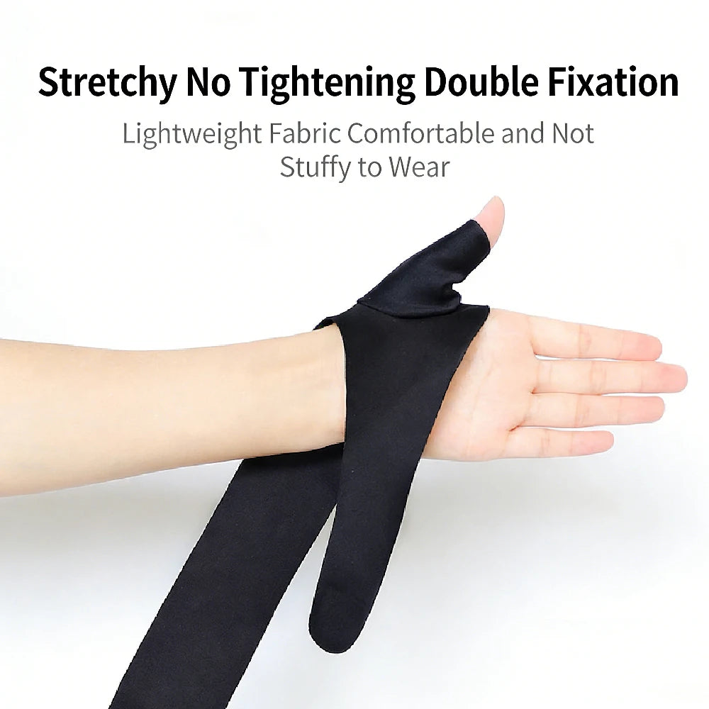 Black stretchy no tightening double fixation wrist support brace worn on a hand