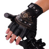 Black half-finger motorcycle riding gloves featuring a pirate skull design and studded details.