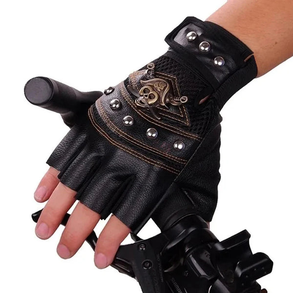 Black half-finger motorcycle riding gloves featuring a pirate skull design and studded details.